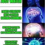 Expanding Brain | LAKE IS JUST WATER; LAKES STRATIFY INTO LAYERS DURING SUMMER; NUTRIENT CYCLING IS DRIVEN BY HYPOLIMNETIC ANOXIA; INTERNAL NUTRIENT LOADING IMPACTS PRIMARY PRODUCTIVITY THROUGH SEDIMENT-WATER INTERACTIONS | image tagged in memes,expanding brain | made w/ Imgflip meme maker