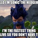 I'm Sonic the fastest thing alive so you don't have to | HELLO I'M SONIC THE HEDGEHOG; I'M THE FASTEST THING ALIVE SO YOU DON'T HAVE TO | image tagged in nc sonic | made w/ Imgflip meme maker