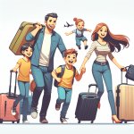 happy Latino family with baggage