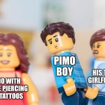 Attractive ExMo | PIMO BOY; HIS TBM GIRLFRIEND; EXMO WITH A NOSE PIERCING AND TATTOOS | image tagged in distracted brickfriend | made w/ Imgflip meme maker