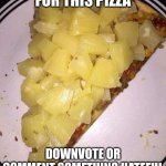 upvote | UPVOTE FOR THIS PIZZA; DOWNVOTE OR COMMENT SOMETHING HATEFUL FOR SKIBIDI TOILET | image tagged in pineapple pizza,memes,fun | made w/ Imgflip meme maker