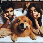 Dog between couple