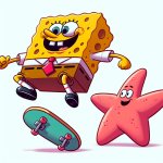 Spongebob doing a kickflip while patrick is behind him absolutel