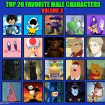 top 20 favorite male characters volume 3 | TOP 20 FAVORITE MALE CHARACTERS; VOLUME 3 | image tagged in top 20 male characters of all time,anime,movies,video games,tv shows,cartoons | made w/ Imgflip meme maker