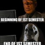 How's everybody holding up? | BEGINNING OF 1ST SEMESTER; END OF 1ST SEMESTER | image tagged in memes,i'll just wait here | made w/ Imgflip meme maker