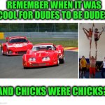 Funny | REMEMBER WHEN IT WAS COOL FOR DUDES TO BE DUDES; AND CHICKS WERE CHICKS? | image tagged in funny,80s,1980s,chicks,dudes,remember | made w/ Imgflip meme maker