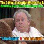 Marriage Survival Kit: Use Wisely | The 5 Most Essential Words For A; Healthy And Vital Marriage Are; "I Apologize"; "You are right"; & | image tagged in bad pun archie bunker,memes,marriage,husband wife,marriage life | made w/ Imgflip meme maker