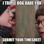 Christmas timesheet | I TRIPLE DOG DARE YOU; SUBMIT YOUR TIMESHEET | image tagged in christmas story tongue | made w/ Imgflip meme maker