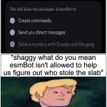 anything but the pharaoh's curse | "shaggy what do you mean esmBot isn't allowed to help us figure out who stole the slab" | image tagged in memes,blank comic panel 1x2 | made w/ Imgflip meme maker