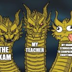 Exams are my biggest weakness... | MY TEACHER; MY BRAIN STRUGGLING TO COMPREHEND EVERYTHING; THE EXAM | image tagged in three-headed dragon | made w/ Imgflip meme maker