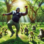 Big black man dancing with monkeys surrounding him