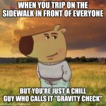 Chill guy | WHEN YOU TRIP ON THE SIDEWALK IN FRONT OF EVERYONE; BUT YOU'RE JUST A CHILL GUY WHO CALLS IT "GRAVITY CHECK" | image tagged in chill guy,gravity | made w/ Imgflip meme maker