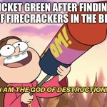 I am the God of Destruction! | CRICKET GREEN AFTER FINDING A PACK OF FIRECRACKERS IN THE BIG CITY: | image tagged in i am the god of destruction | made w/ Imgflip meme maker