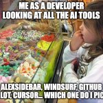 Kid in a candy shop | ME AS A DEVELOPER LOOKING AT ALL THE AI TOOLS; ALEXSIDEBAR, WINDSURF, GITHUB COPILOT, CURSOR… WHICH ONE DO I PICK?!” | image tagged in kid in a candy shop | made w/ Imgflip meme maker