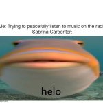 f*** sabrina | Me: Trying to peacefully listen to music on the radio


Sabrina Carpenter: | image tagged in helo fish | made w/ Imgflip meme maker