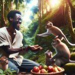 African male playing with monkeys in the jungle