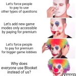 Clown Applying Makeup | Let's force people to pay to use other types of questions; Let's add new game modes only accessible by paying for premium; Let's force people to pay for premium for bigger game lobbies; Why does everyone use Blooket instead of us? KAHOOT | image tagged in memes,clown applying makeup | made w/ Imgflip meme maker