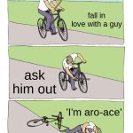 *sigh* | fall in love with a guy; ask him out; 'I'm aro-ace' | image tagged in memes,bike fall | made w/ Imgflip meme maker