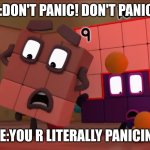 Numberblocks Freakout | NINE:DON'T PANIC! DON'T PANIC!!!!!! ME:YOU R LITERALLY PANICING | image tagged in numberblocks freakout | made w/ Imgflip meme maker