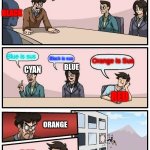 Boardroom Meeting Suggestion | alright everybody we have figure out who the Imposter is anybody sus; ORANGE; BLACK; Blue is sus; Orange Is Sus; Black is sus; CYAN; BLUE; RED; ORANGE; RED | image tagged in memes,boardroom meeting suggestion | made w/ Imgflip meme maker