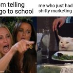 Woman Yelling At Cat | my mom telling me to go to school; me who just had a shitty marketing strategy | image tagged in memes,woman yelling at cat | made w/ Imgflip meme maker