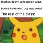 Relatable? | Teacher: Sperm cells contain sugar. Student: So why don't they taste sweet? The rest of the class: | image tagged in memes,surprised pikachu,funny,school,sus,wtf | made w/ Imgflip meme maker