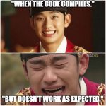 Excited for nothing | "WHEN THE CODE COMPILES."; "BUT DOESN’T WORK AS EXPECTED." | image tagged in excited for nothing | made w/ Imgflip meme maker