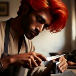 red haired man sharpening a knife