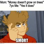 Paper comes from trees | Mom: "Money doesn't grow on trees"
7yo Me: "Yes it does"; SMORT | image tagged in tord smart,money | made w/ Imgflip meme maker