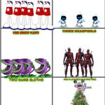 12 days of smissmas 2024 edition: day 6 | FIVE ASTRO BOTS; ON THE SIXTH DAY OF SMISSMAS SAXTON SENT TO ME SIX HOMESTAR WUNNERS; THREE DEADPOOLS; FOUR HUNGRY PLANTS; AND A LOUDRED ON A PINE TREE; TWO DUMB SLOTHS | image tagged in blank comic panel 2x3,homestar runner,christmas,deadpool,plants vs zombies | made w/ Imgflip meme maker