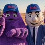 Grimace with Mr Met in a desert with a Iran flag