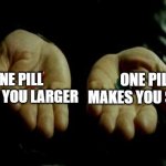 White Rabbit | ONE PILL MAKES YOU LARGER; ONE PILL MAKES YOU SMALL | image tagged in matrix pills | made w/ Imgflip meme maker