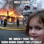 Agile scrum burn down chart | AGILE SCRUM; ME: WHEN I TOOK THE  BURN DOWN CHART TOO LITERALLY | image tagged in disaster girl,agile,scrum,burn,down,chart | made w/ Imgflip meme maker