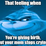 My mom gave birth to her | That feeling when; You're giving birth, but your mom stops crying | image tagged in blue grinch,memes,funny | made w/ Imgflip meme maker