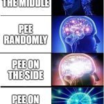 Expanding Brain | PEE IN THE MIDDLE; PEE RANDOMLY; PEE ON THE SIDE; PEE ON THE FLOOR | image tagged in memes,expanding brain | made w/ Imgflip meme maker