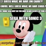 Anyone else hyped? | SONIC 2: GUESS WHAT, WE HAVE JIM CARREY! MARIO MOVIE: WELL GUESS WHAT, WE HAVE CHRIS PRATT! SONIC FANS: UHHH SEGA WHY DO YOU HAVE KEANU REEVES IN YOUR EMAILS? SEGA WITH SONIC 3: | image tagged in its a suprise tool that will help us later | made w/ Imgflip meme maker