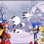 Megaman,Protoman,Sonic and Tails having a snowball fight | image tagged in winter forest background,megaman,sonic the hedgehog,tails the fox,crossover | made w/ Imgflip meme maker