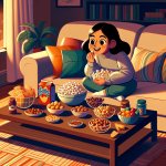 someone lounging on a couch with snacks