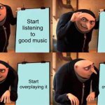 Gru's Plan Meme | Start listening to good music; Like it; Start overplaying it; Start overplaying it | image tagged in memes,gru's plan | made w/ Imgflip meme maker