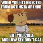 I'm tired | WHEN YOU GET REJECTED FROM ACTING IN ARTHUR; BUT YOU CHILL AND LOW KEY DON'T GAF | image tagged in chill guy | made w/ Imgflip meme maker