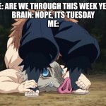 So true | ME: ARE WE THROUGH THIS WEEK YET?
BRAIN: NOPE, ITS TUESDAY
ME: | image tagged in demon slayer inosuke flexible | made w/ Imgflip meme maker