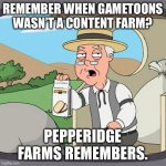 GameToons BEFORE they became a content farm | REMEMBER WHEN GAMETOONS WASN’T A CONTENT FARM? PEPPERIDGE FARMS REMEMBERS. | image tagged in memes,pepperidge farm remembers | made w/ Imgflip meme maker