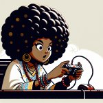 black women with an afro playing a video game drawn in anime sty