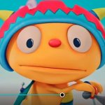 Henry hugglemonster wearing helmet