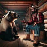 Canadian lumberjack sits in cabin with grizzly bear explaining s