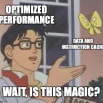 dev | OPTIMIZED PERFORMANCE; DATA AND INSTRUCTION CACHE; WAIT, IS THIS MAGIC? | image tagged in memes,is this a pigeon | made w/ Imgflip meme maker