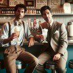 two men at a soda fountain drinking from goblets