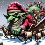 The Grinch riding a sleigh pulled by goats instead of reindeer