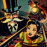 Mustachioed Villain Tying Someone on railroad