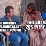 The irony | THE BOTTOM 20% EVERY DAY; MILLIONAIRES COMPLAINING ABOUT THE GREAT RECESSION | image tagged in mel gibson and jesus christ,money,funny,fun,memes | made w/ Imgflip meme maker